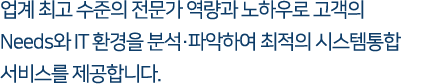 업계 최고 수준의 전문가 역량과 노하우로 고객의 Needs와 IT환경을 분석 파악하여 최적의 시스템통합서비스를 제공합니다.
